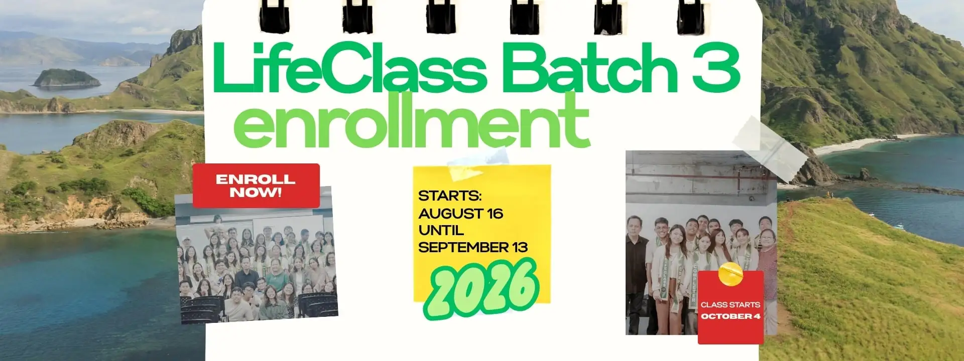 LifeClass Batch 3 enrollment poster — enroll August 16 until September 13, 2026; class starts October 4
